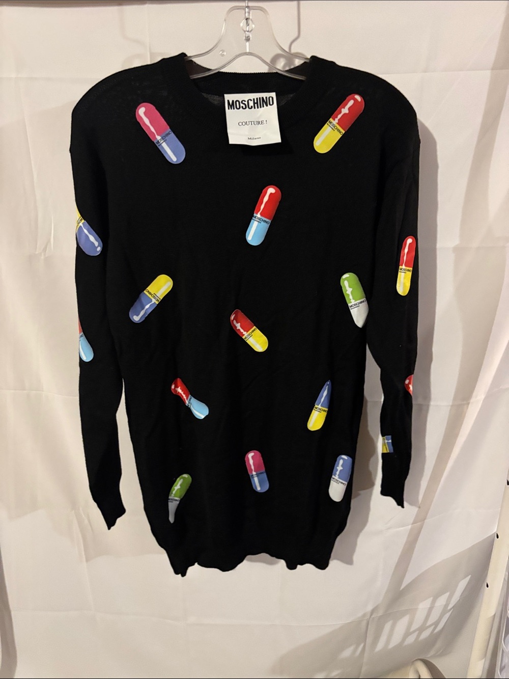 Moschino Black Crewneck Sweater with Multicolor Pill Motifs